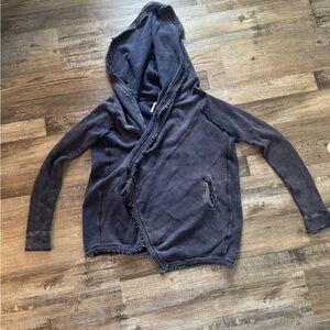 Free People Navy Waffle distressed Knit Hooded Cardigan